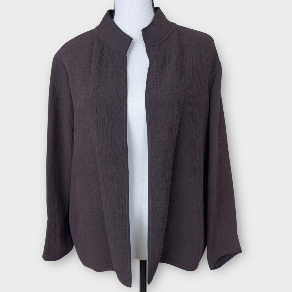 Eileen‎ Fisher Open Front Jacket Silk Blend Crinkle Brown Womens's Medium Petite